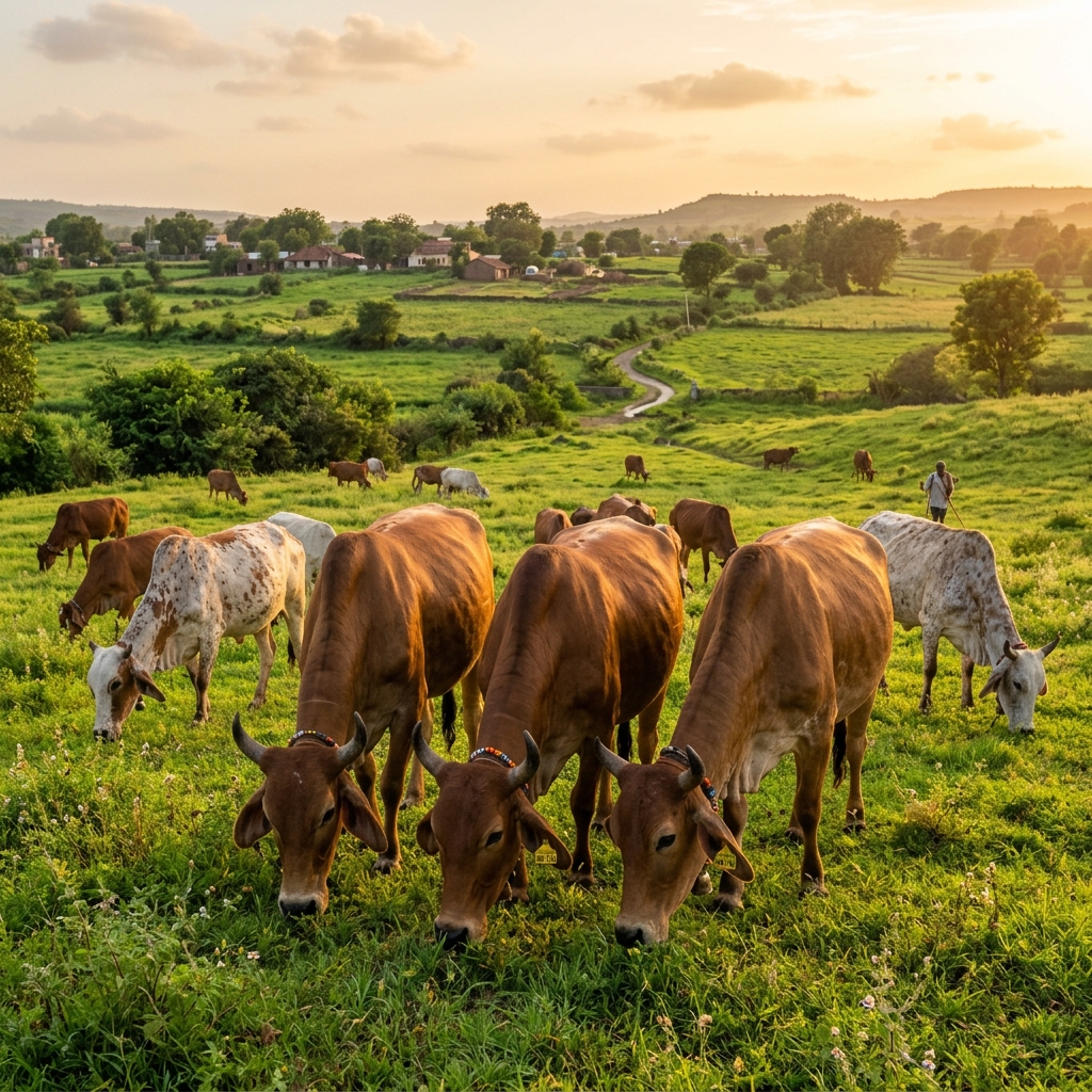 Beautiful dairy cows grazing in lush green fields