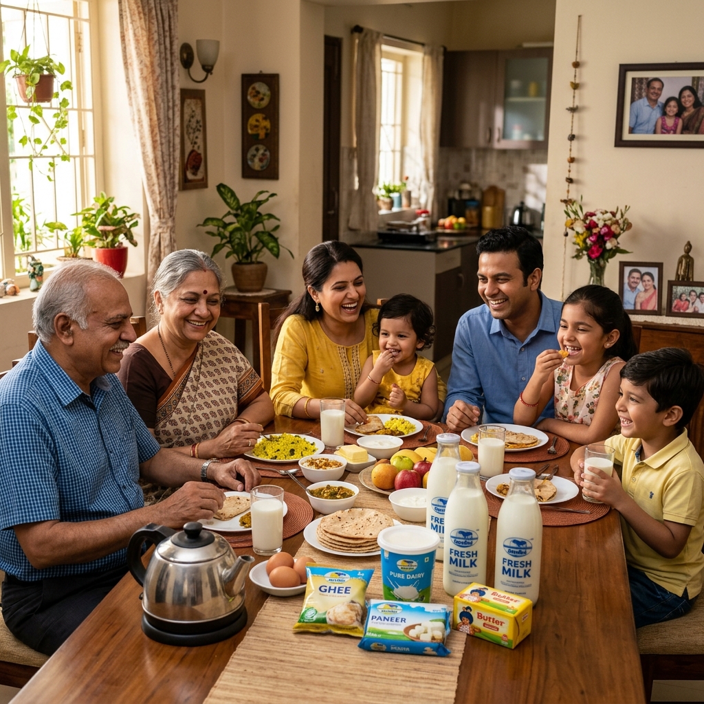 Happy Indian family trusting Mahadev Dairy
